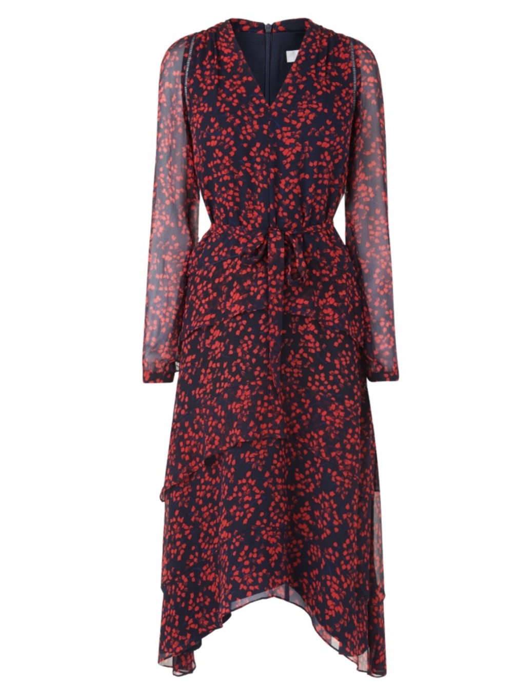 LK Bennett Navy Silk Dress with Red Floral Print Size 4 Long Sleeve
